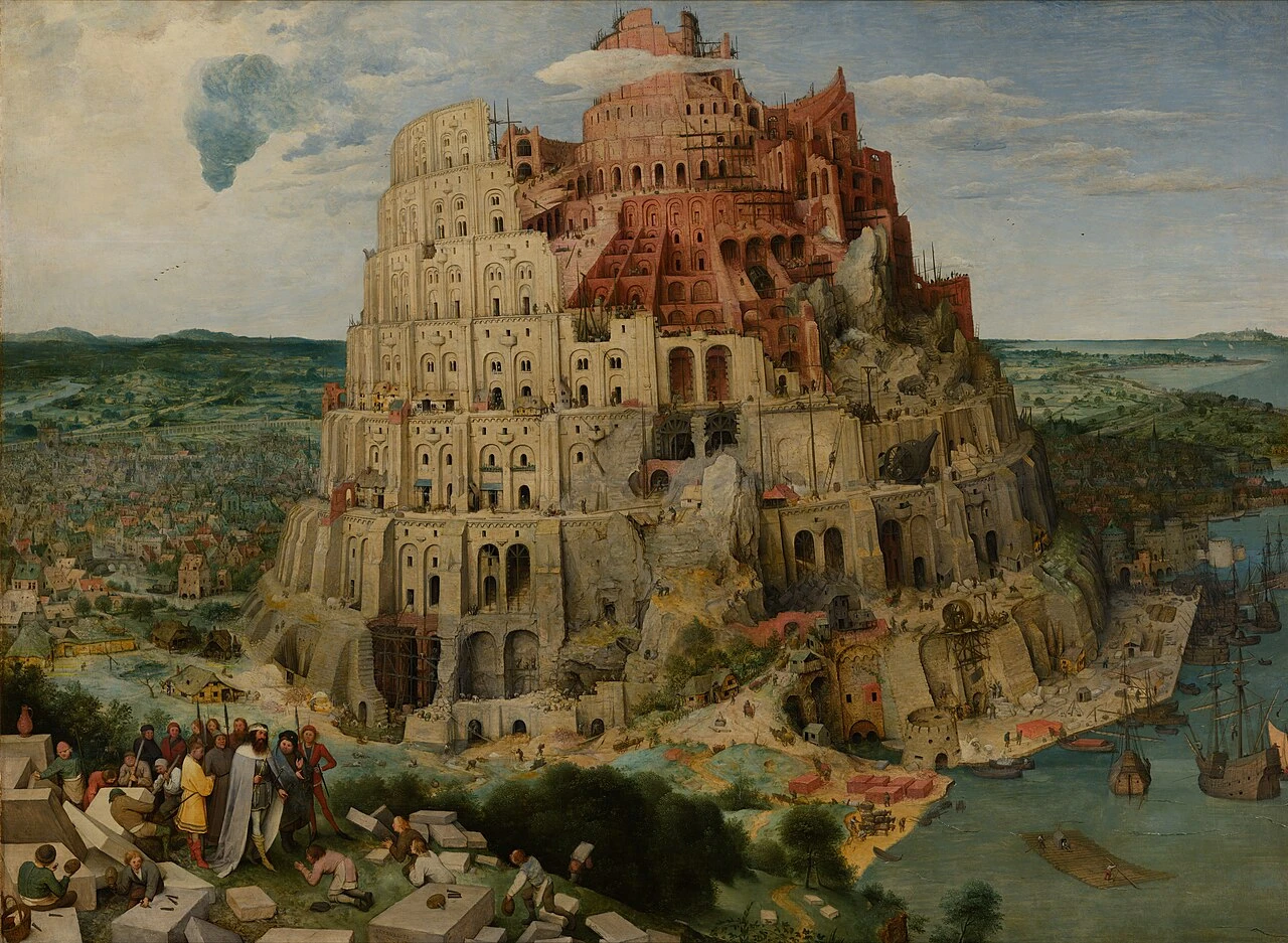 A vast unfinished tower rises above a city and harbor, with workers and a royal entourage in the foreground.