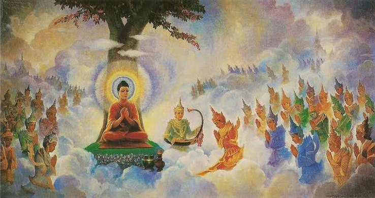A painting of the Buddha seated beneath a tree, surrounded by a celestial assembly.