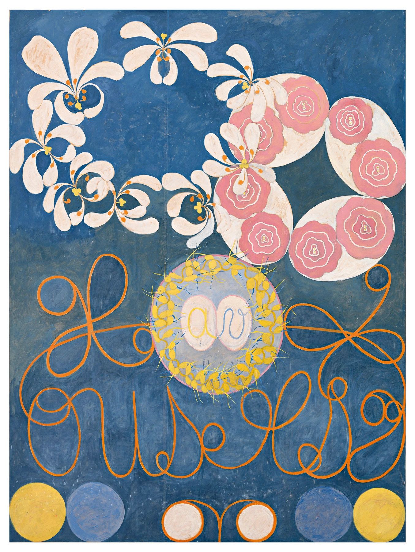 White petals, pink spirals and looping orange forms cover a tall blue field, with colored circles along its lower edge.