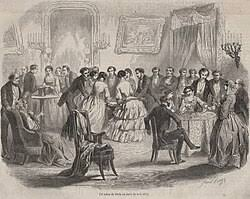 An engraving of a group gathered around a table at a séance.